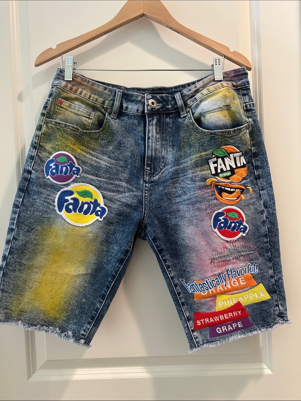 Staple Pigeon × Fanta RARE collab denimShorts embroider soda brand patches 32W